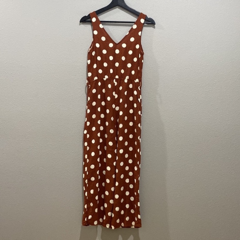 Monteau Linen Blend Crop Button Down Jumpsuit - Brown Polka Dot (Size S)